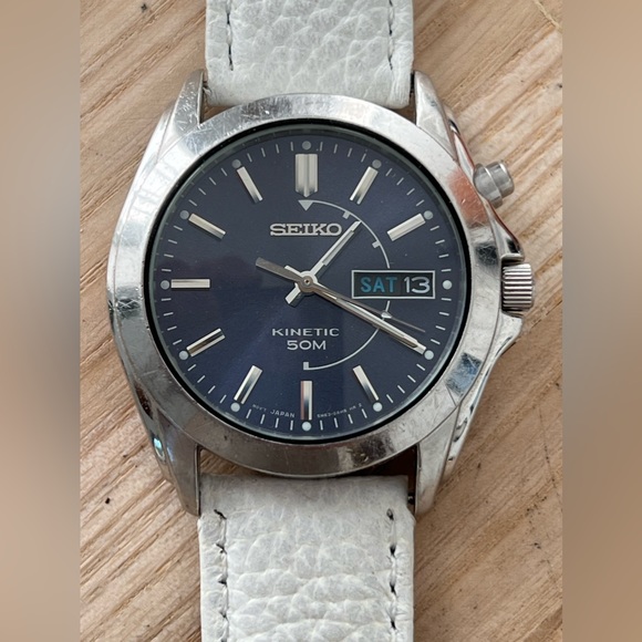 Seiko Kinetic Rare Automatic Men’s Watch Blue Dial White Leather Strap Date - Picture 1 of 17